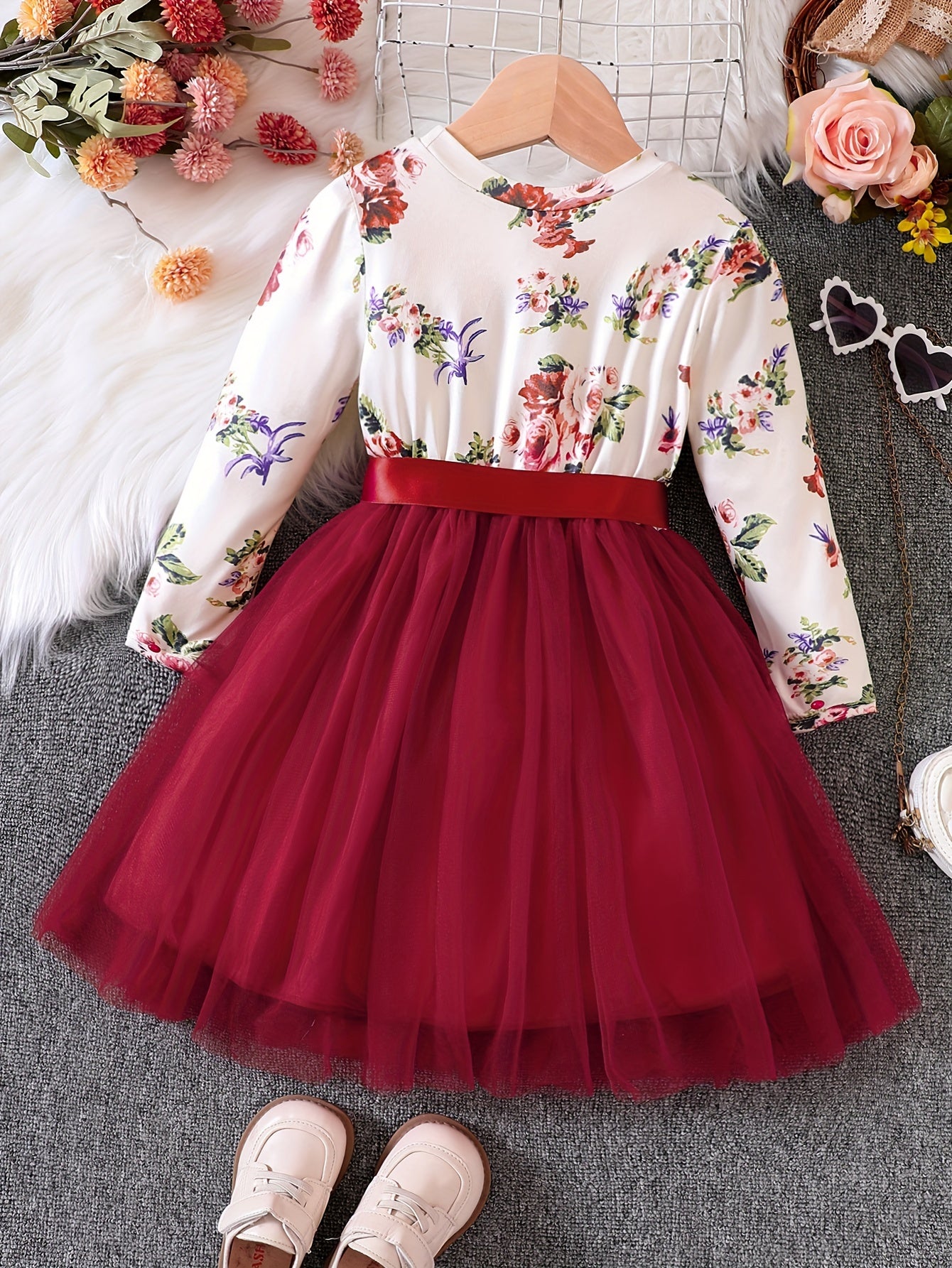 Girls Ruffled Sleeves Crew Neck Bow Floral Tulle Tutu Princess Dress