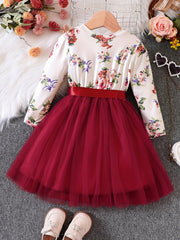 Girls Ruffled Sleeves Crew Neck Bow Floral Tulle Tutu Princess Dress