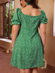 Plus Size Dot Print Puff Sleeve Ruffle Trim Sweetheart Neck Dress