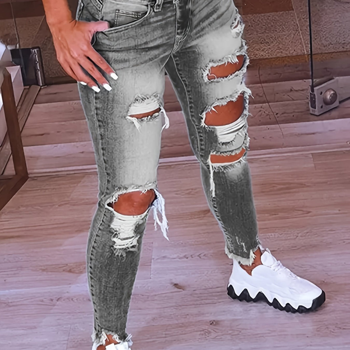  High Rise Skinny Jeans, Distressed Ripped, Button Fly