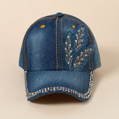 Denim Washed Baseball Cap Butterfly Feather Patch Distressed Casual Dad Hats