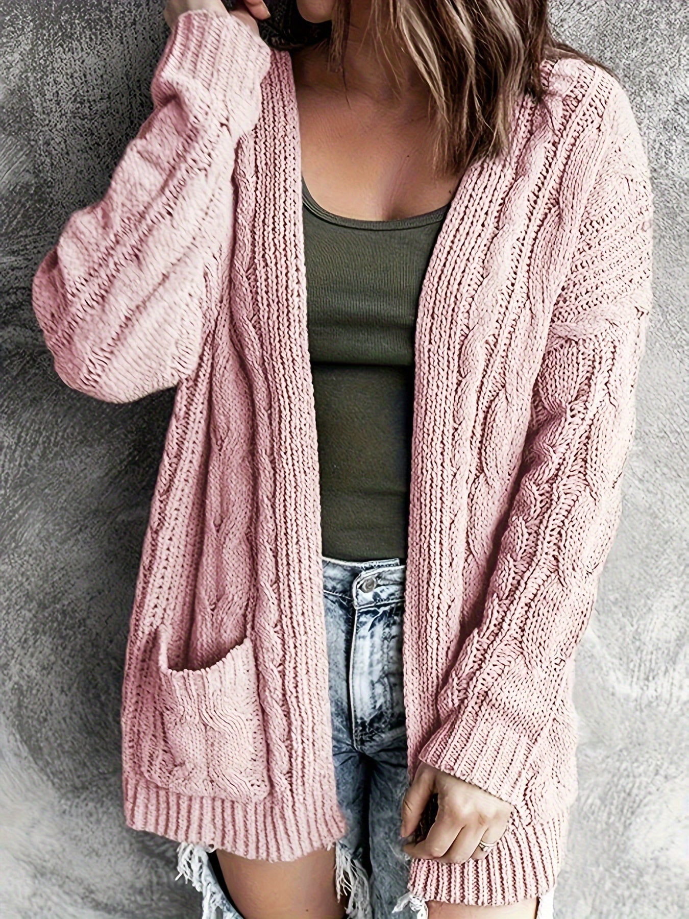 Women's Plus Solid Cable Long Sleeve Open Front Cardigan