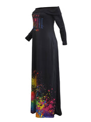 Off Shoulder Letter Print Dress Casual Long Sleeve Dress