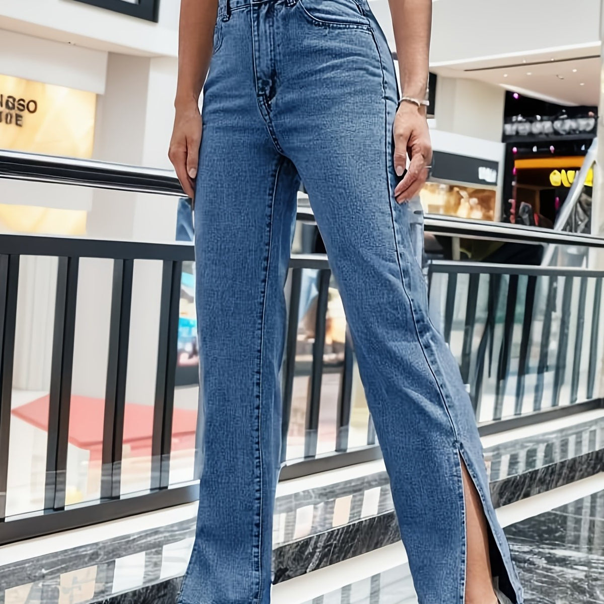 High Waist Split Side Straight Jeans
