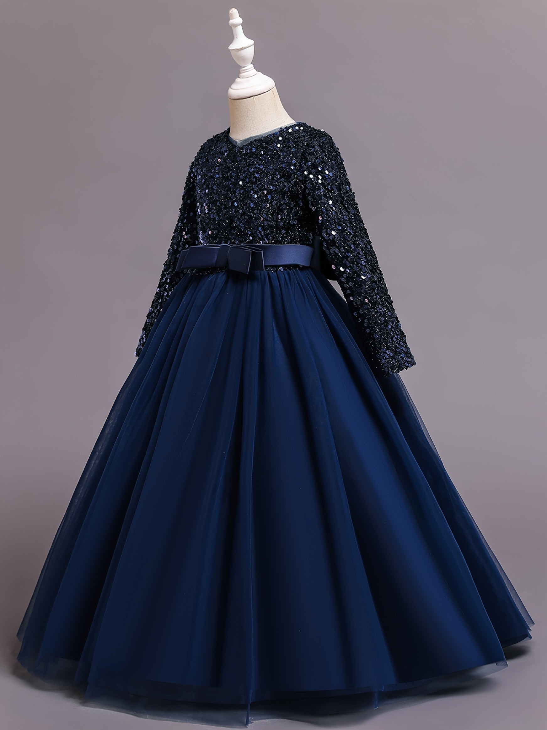 Girls Long Sleeve Tulle Sequined Ball Gown Dress