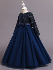 Girls Long Sleeve Tulle Sequined Ball Gown Dress