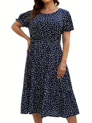  Women's Floral Print Round Neck Midi Smock Dress