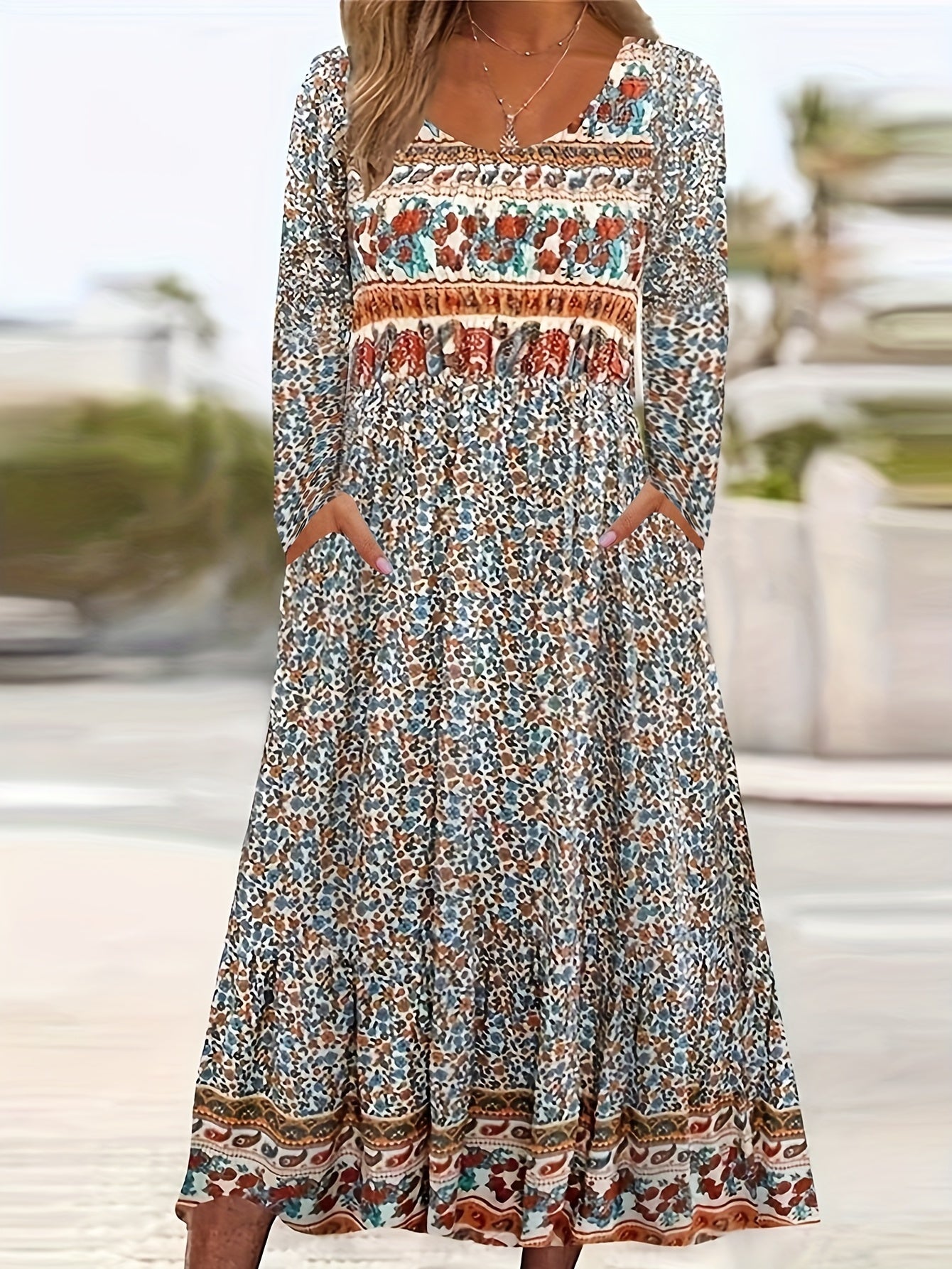  Boho Dress Colorblock Floral Print Long Sleeve Round Neck Dress
