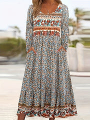  Boho Dress Colorblock Floral Print Long Sleeve Round Neck Dress