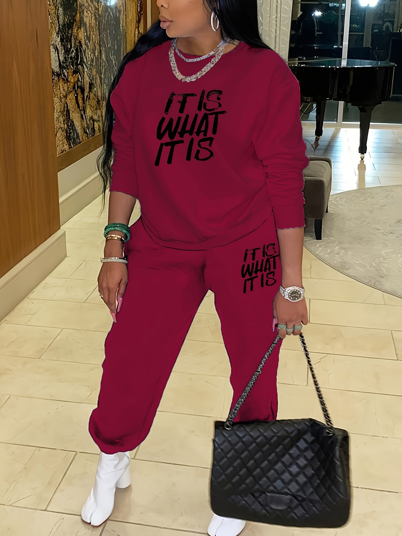  Women's Slogan Print Top & Joggers Set