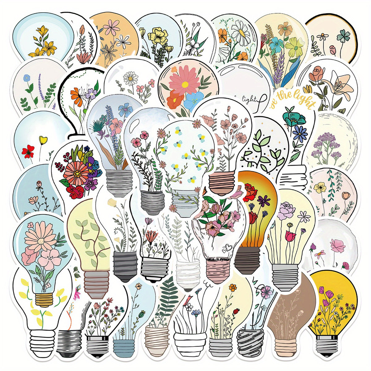 50 Cartoon Light Bulbs Flowers Graffiti Stickers DIY Waterproof Stickers