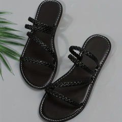 Women's Braided Flat Slippers Open Toe Non Slip Round Toe Slides Shoes