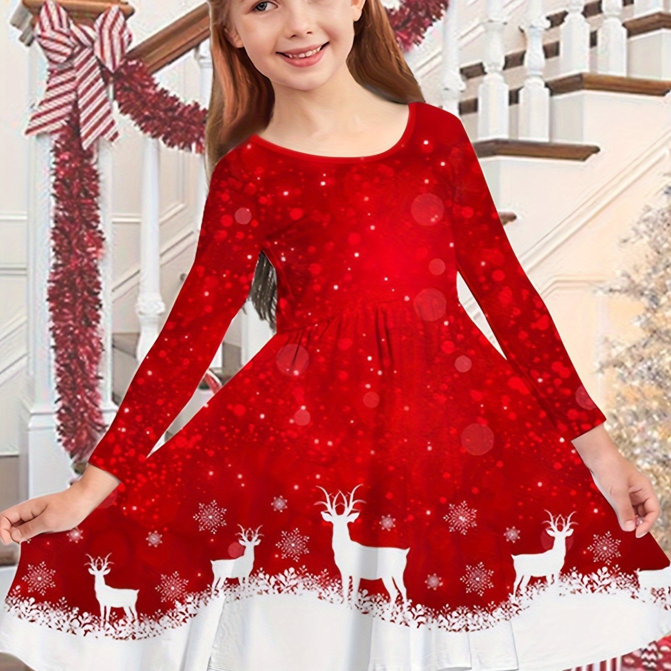Reindeer Graphic Dress Girls Christmas Gift