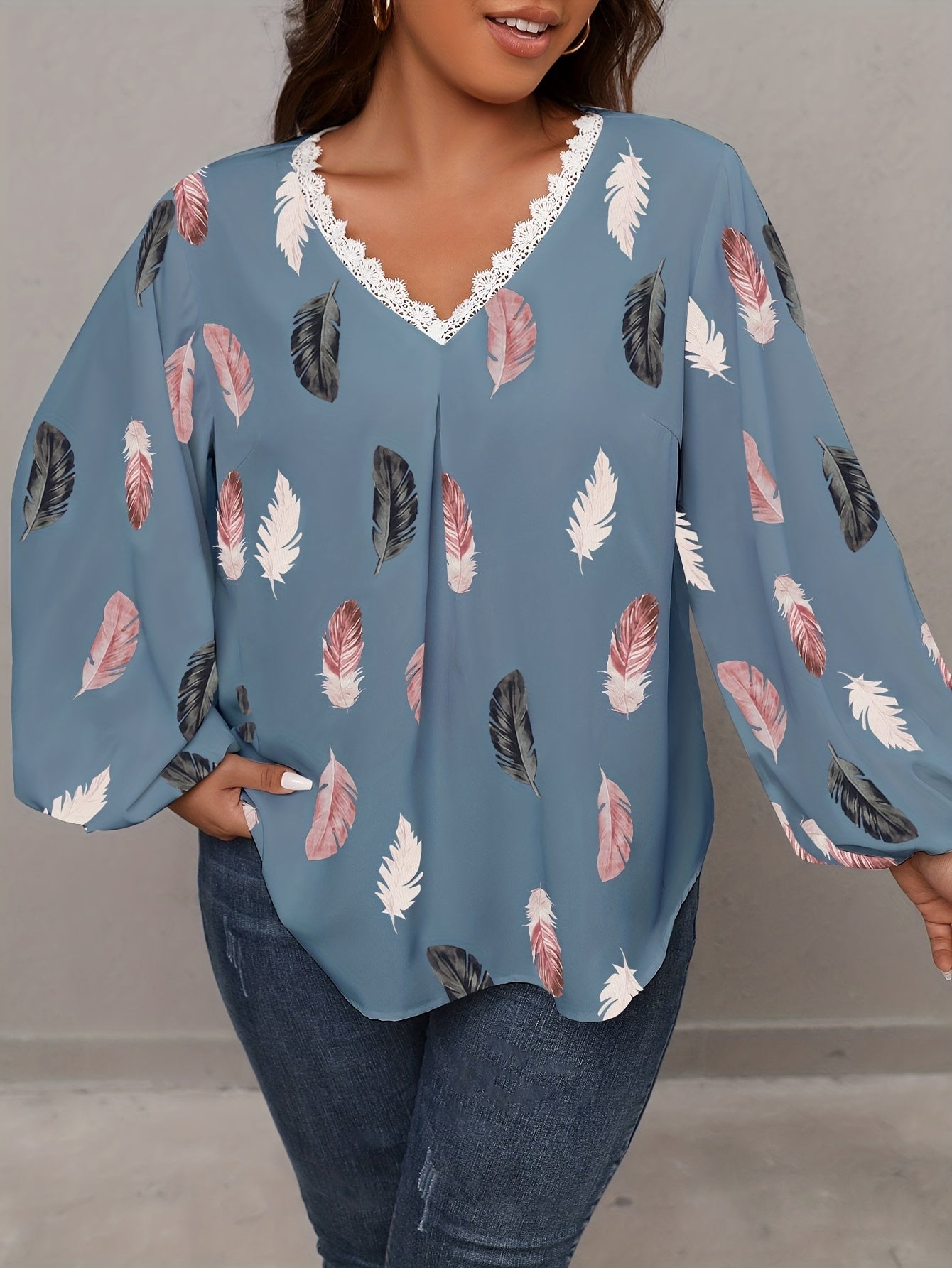  Feather Print Lace Trim V Neck Top