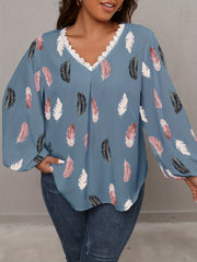  Feather Print Lace Trim V Neck Top