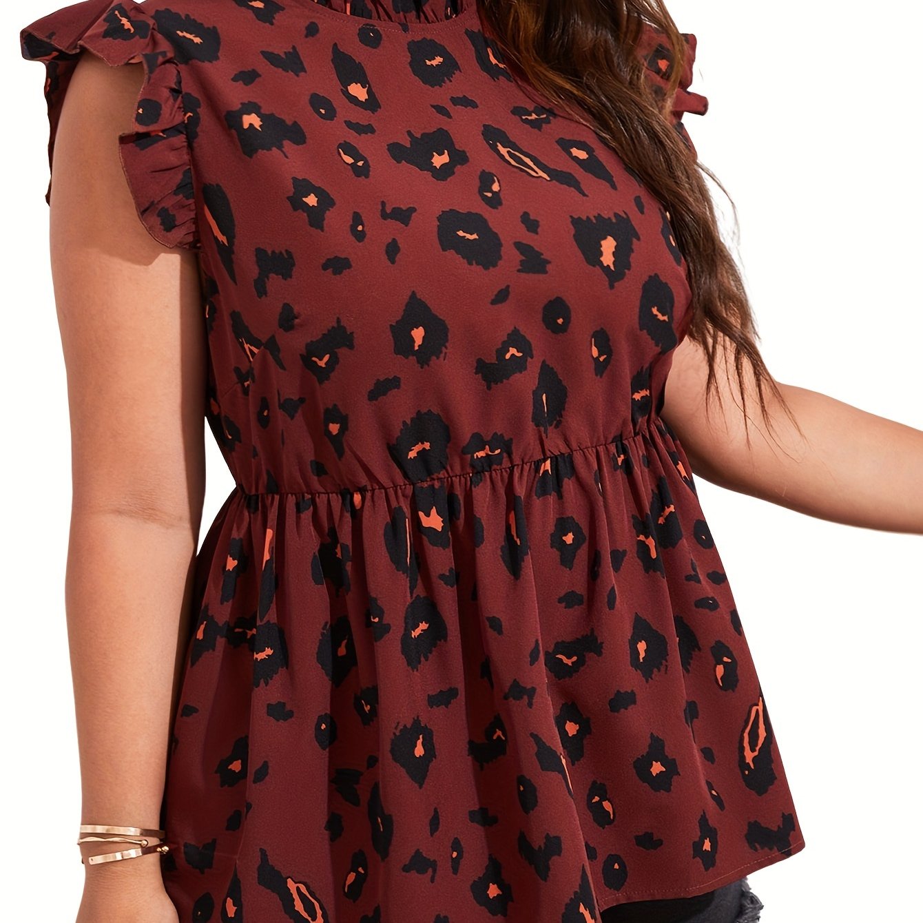 Leopard Print Ruffle Trim Peplum Shirt Top