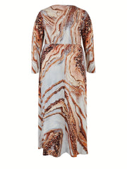  Marble Print Long Sleeve V Neck Pleated Dress
