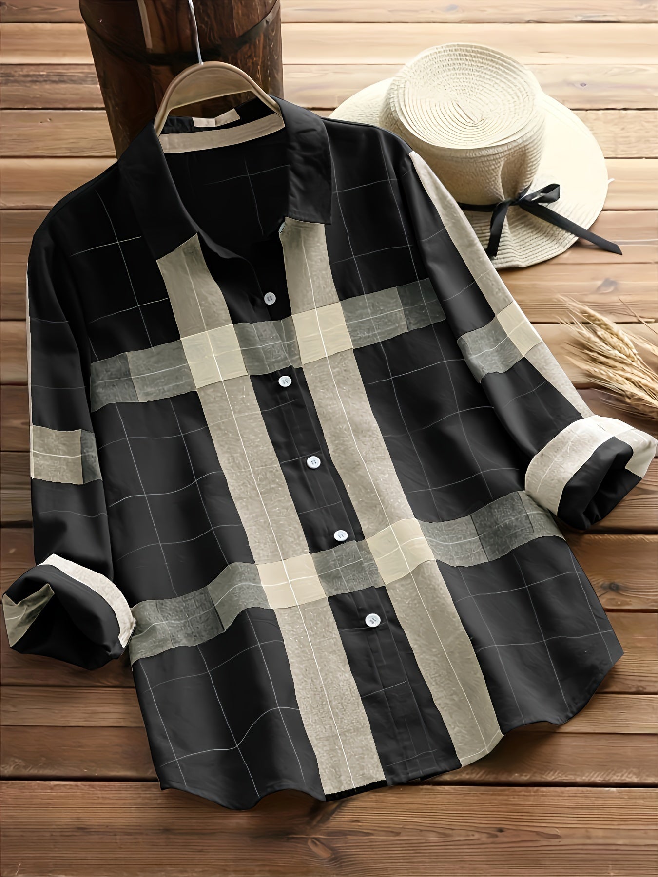  Plaid Print Button Up Long Sleeve Blouse