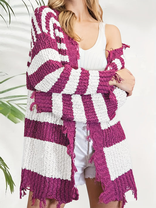  Colorblock Stripe Print Long Sleeve Open Front Fringe Trim Cardigan