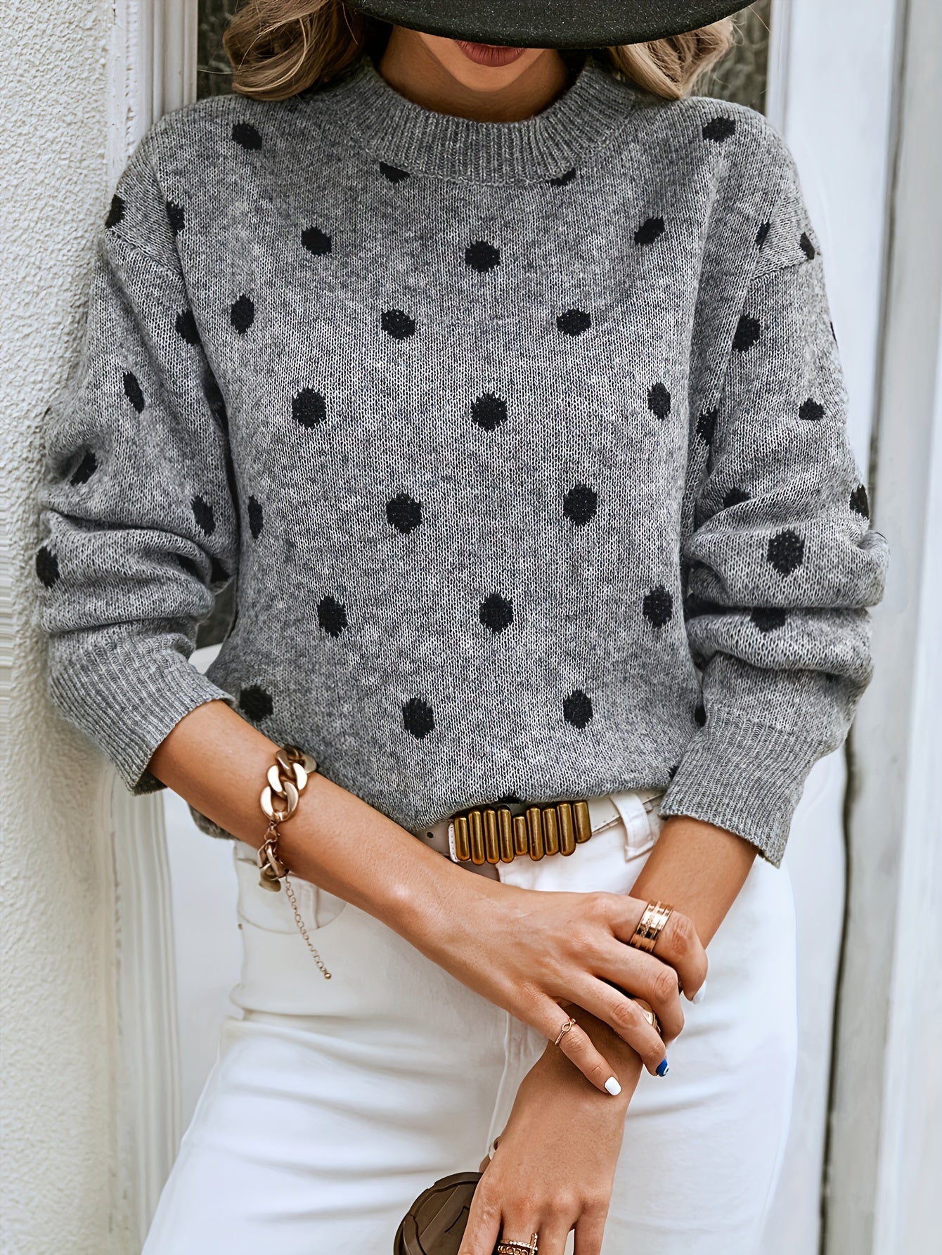  Dot Print Long Sleeve Sweater Round Neck Jumper