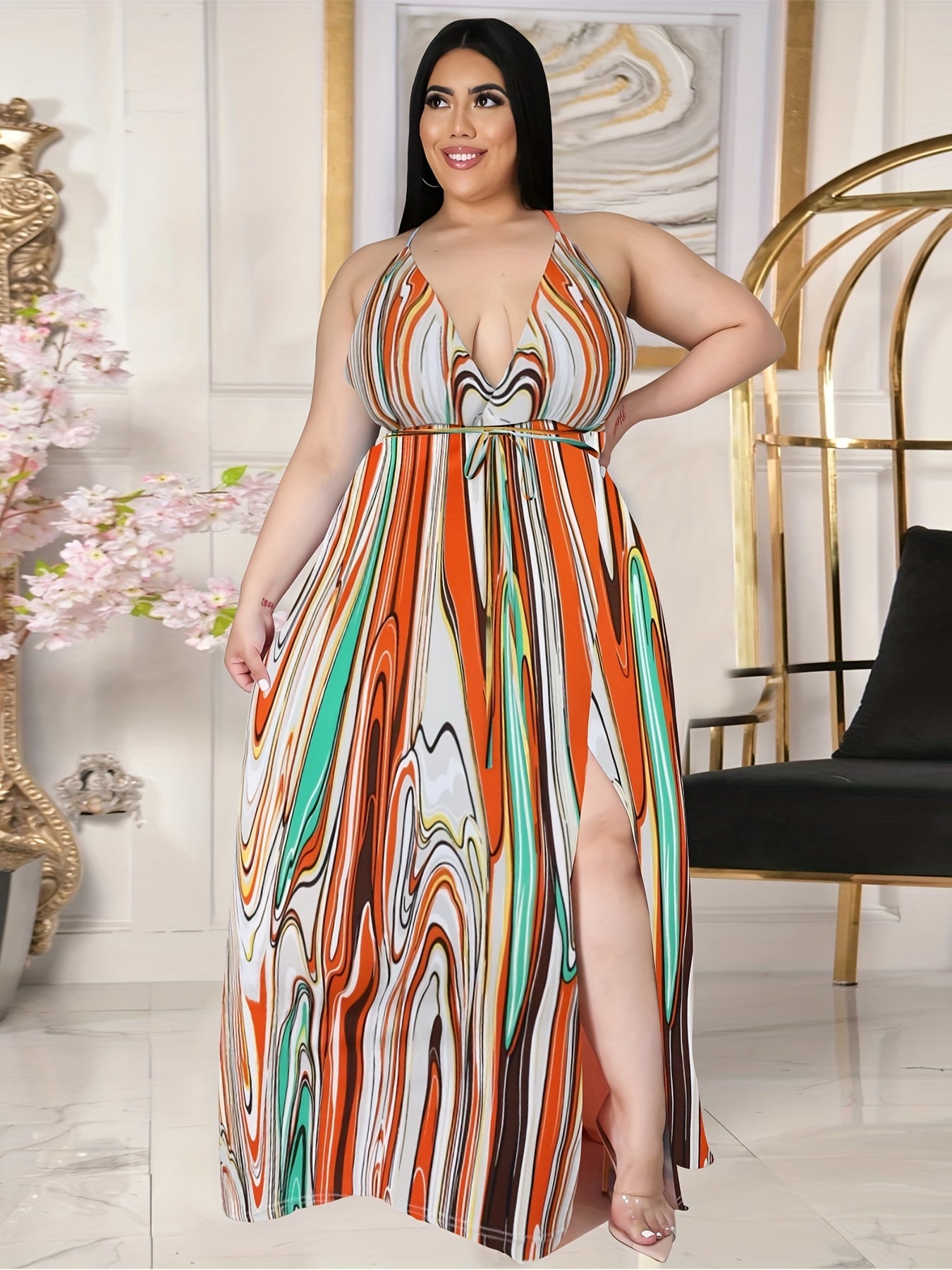 Plus Size Floral Print Criss Cross Backless Maxi Summer Dress