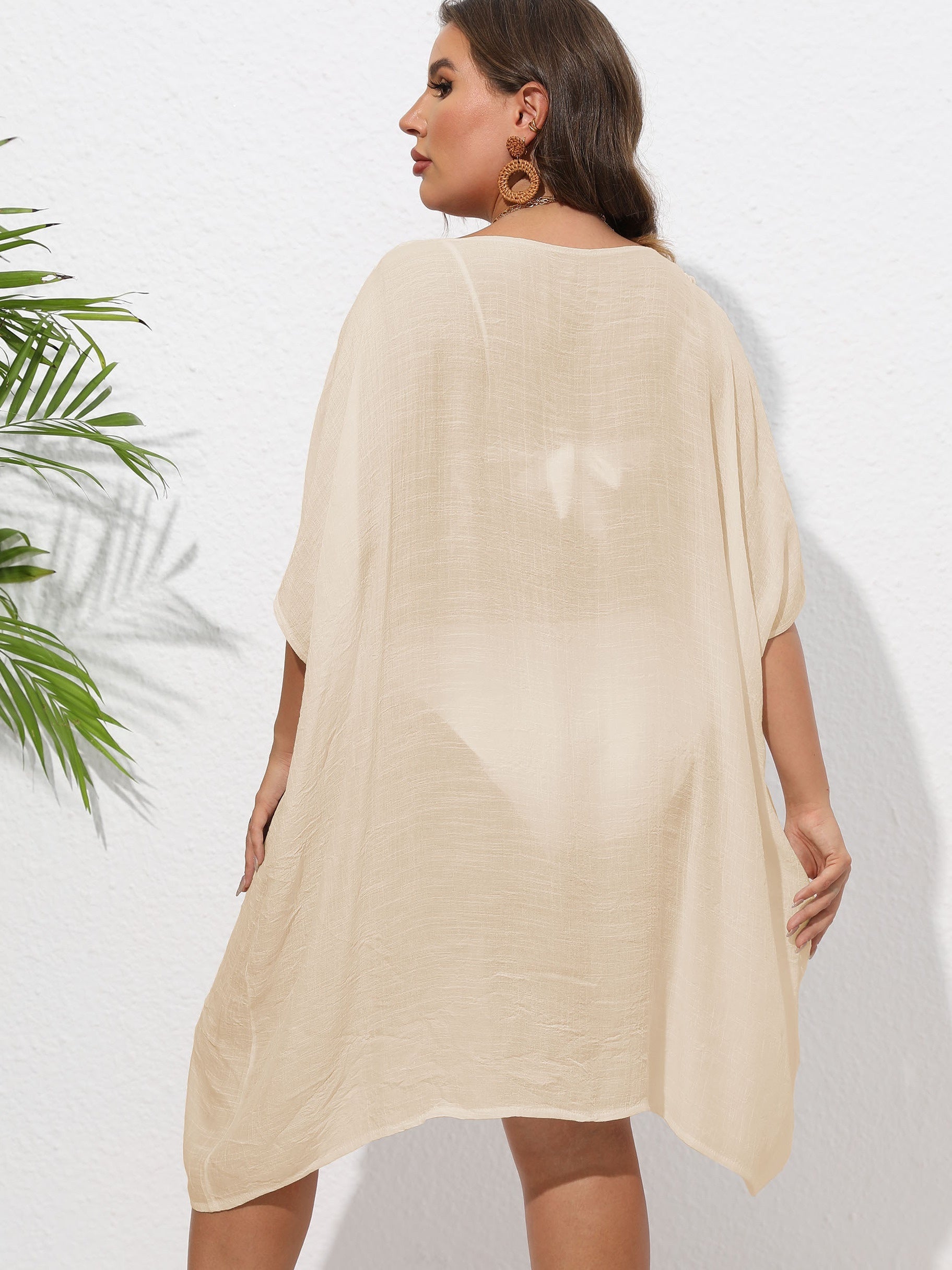  Sexy Cover Up Women's Plus Contrast Crochet Batwing Sleeve V Neck