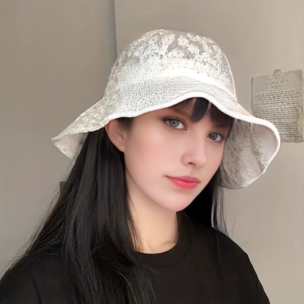 Mesh Lace Flower Embroidery Fisherman Hat for Women