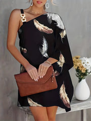 Floral Print Asymmetrical Dress Chain Mini Dress Women's Clothing