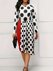  Colorblock Dot Print Long Sleeve Round Neck Bodycon Midi Dress