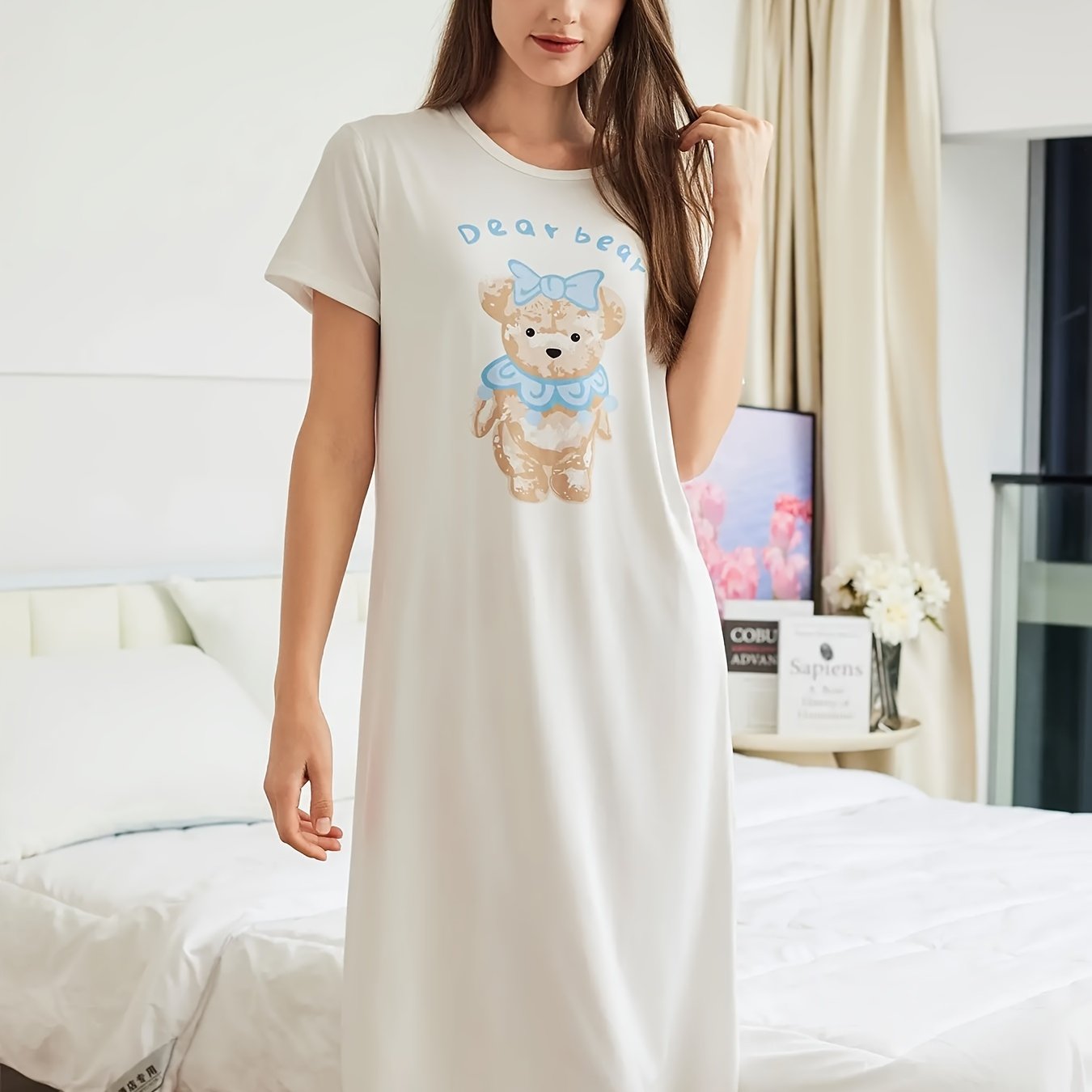 Bear Print NightDress Short Sleeve Pajama Dress Women's Sleepwear