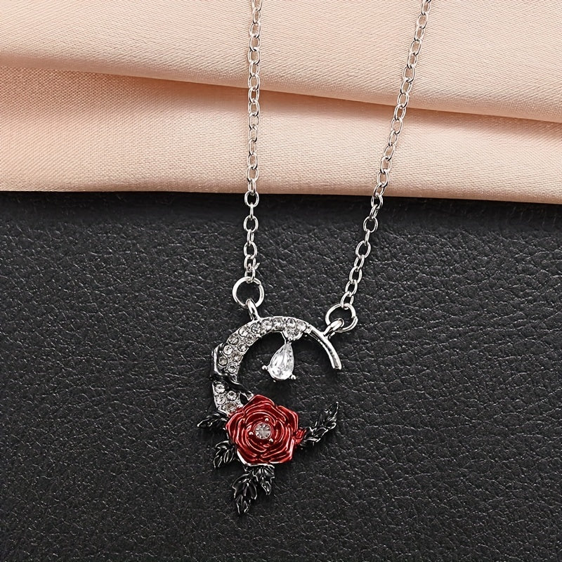 Red Flower Rhinestone Men's Pendant, Creative Crescent Design