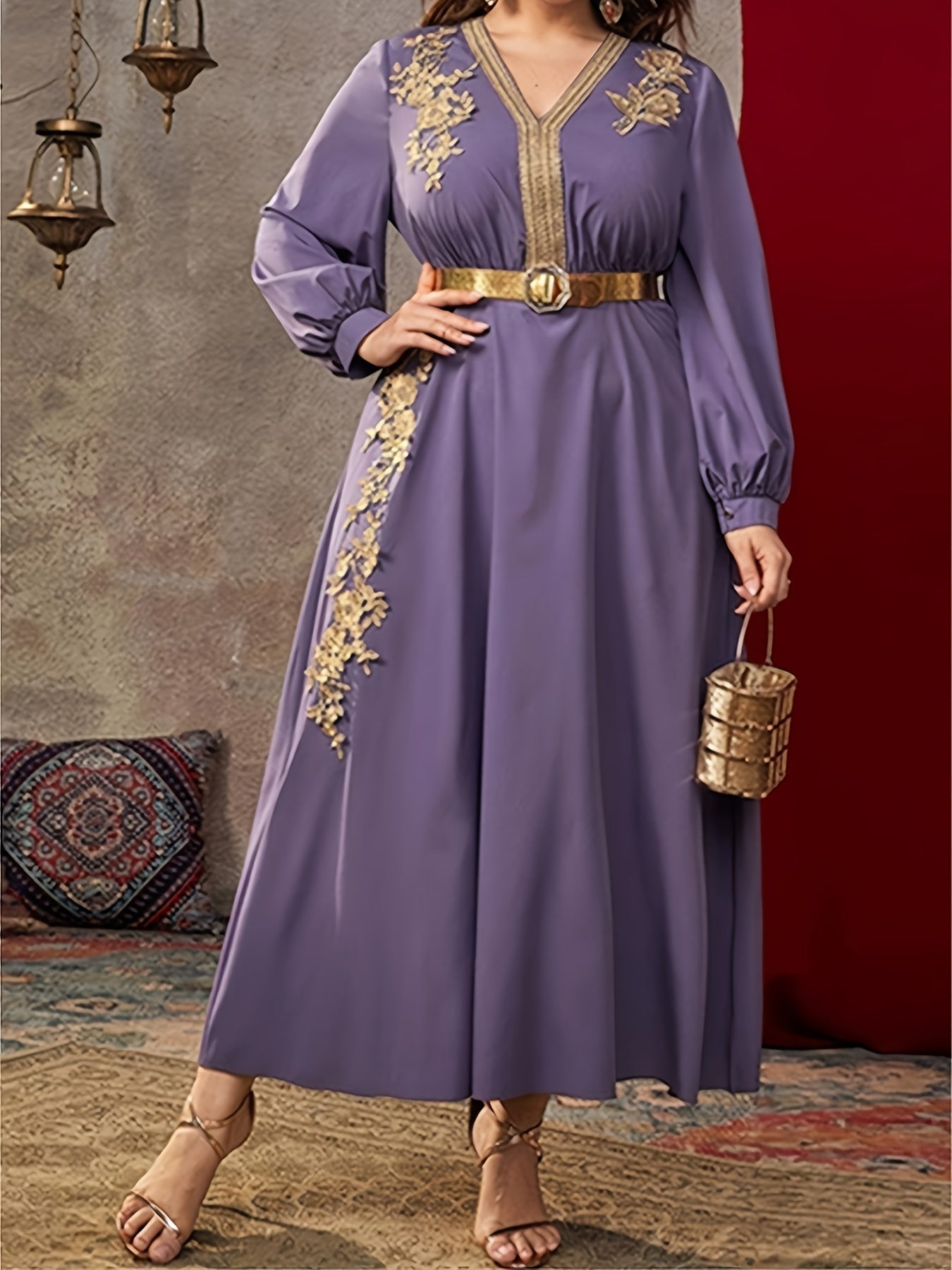  Abaya Dress Women's Plus Solid Applique Long Sleeve V Neck Maxi Jalabi