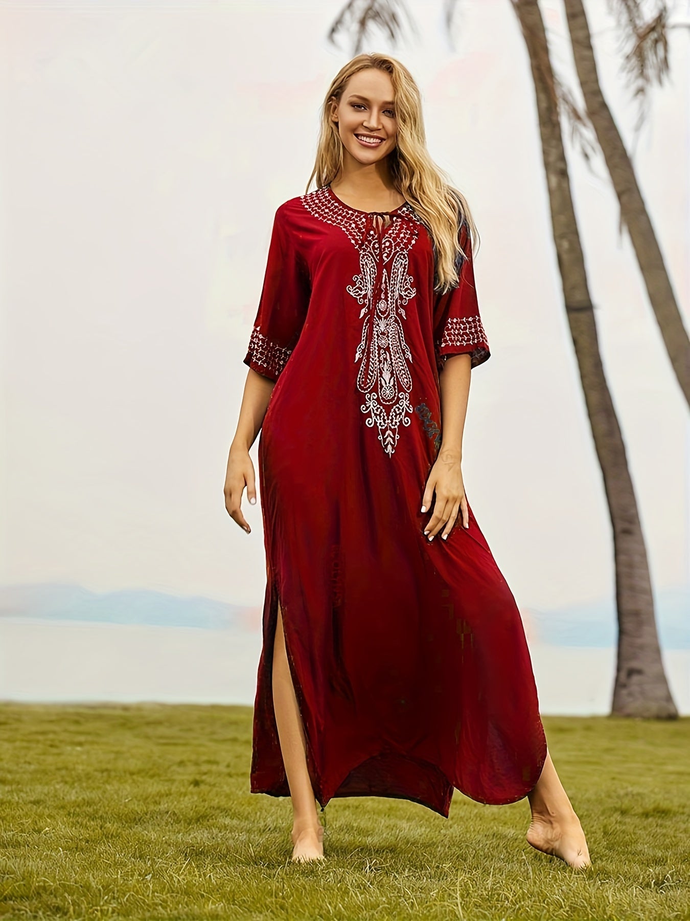 Solid Maxi Dress Split Beach Vacation Dress Women's Clothing