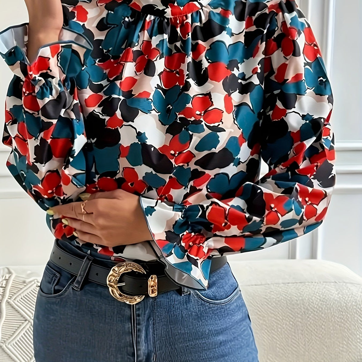  Women's Floral Print Lantern Sleeve Blouse