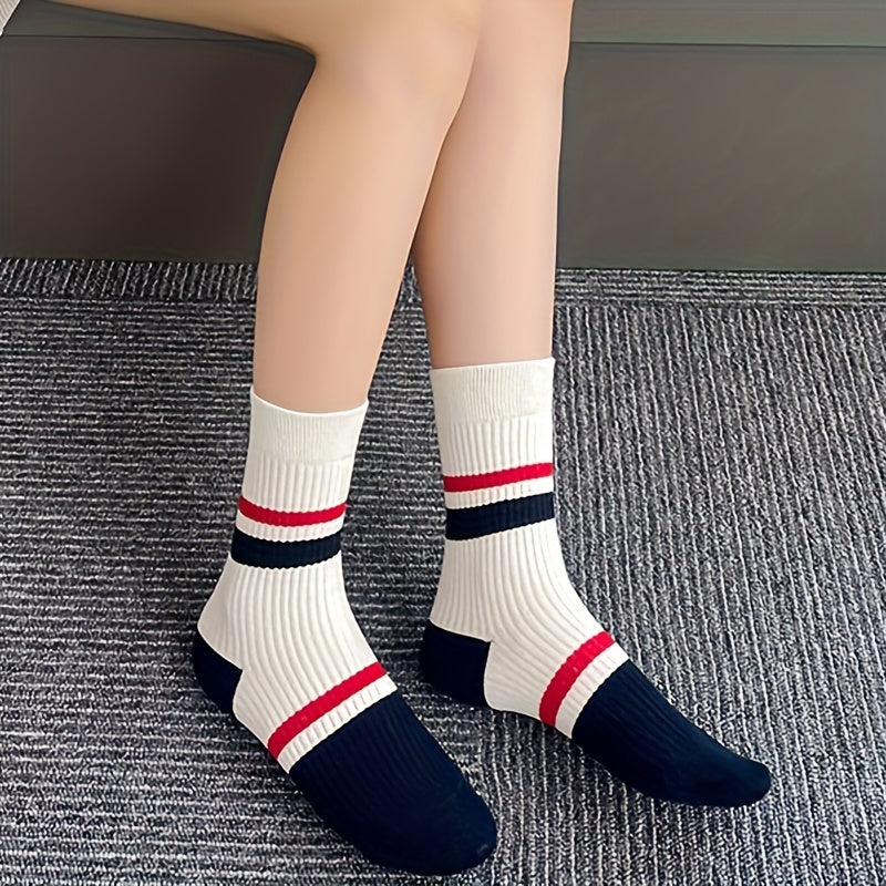 5 Pairs Striped Crew Socks Soft & Comfy Women's Stockings & Hosiery