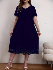  Solid Maxi Dress w/ Scallop Trim Short Sleeves V Neck