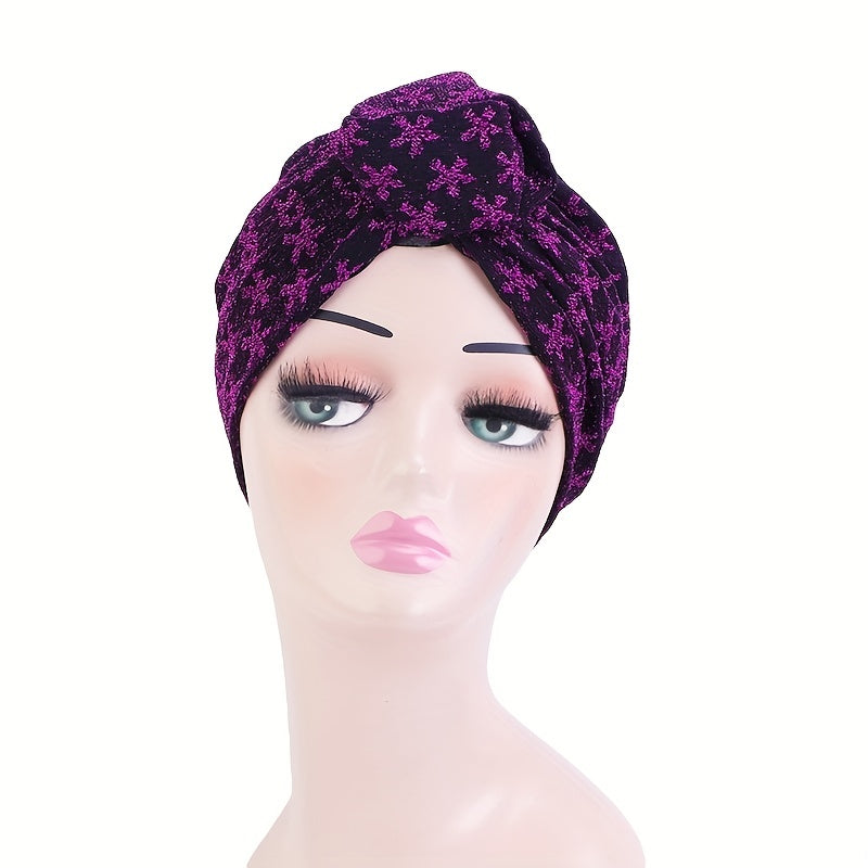 Glitter Flower Jacquard Turban Cap Solid Knotted Hijab Head Wraps