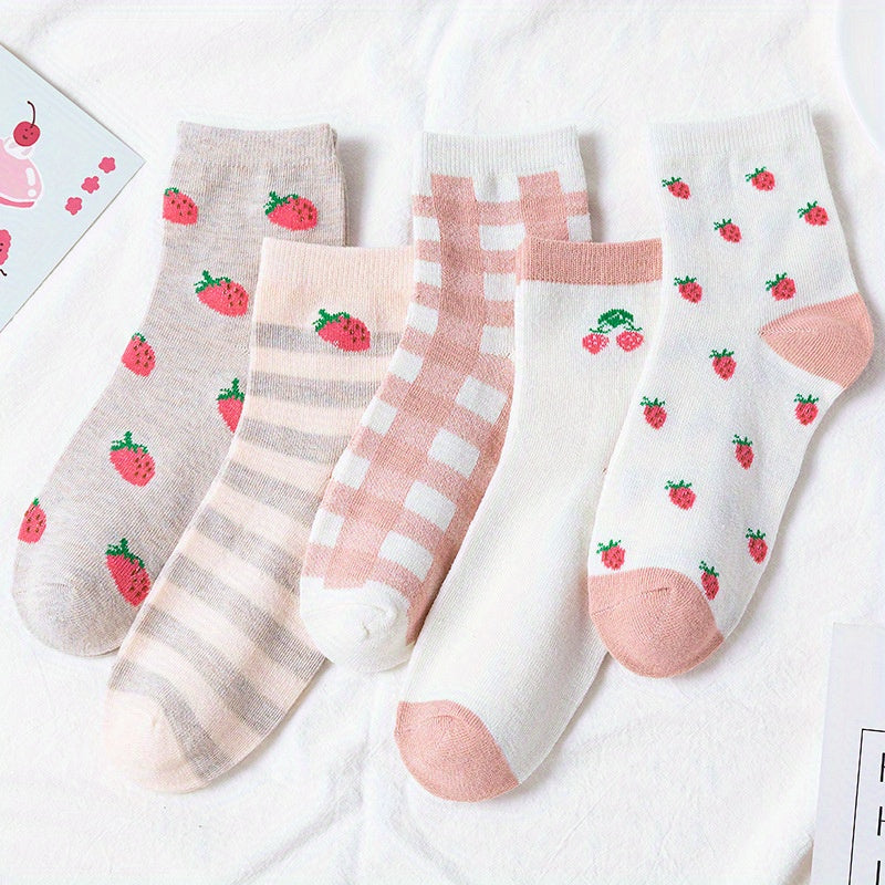 5 Pairs Strawberry Print Socks Mid Tube Women's Stockings