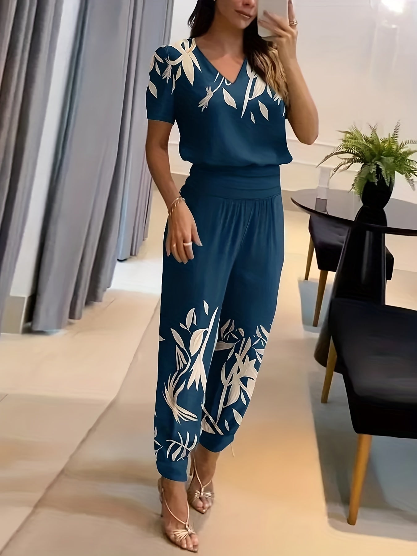  Leaf Print Top & Pants Two Piece Set