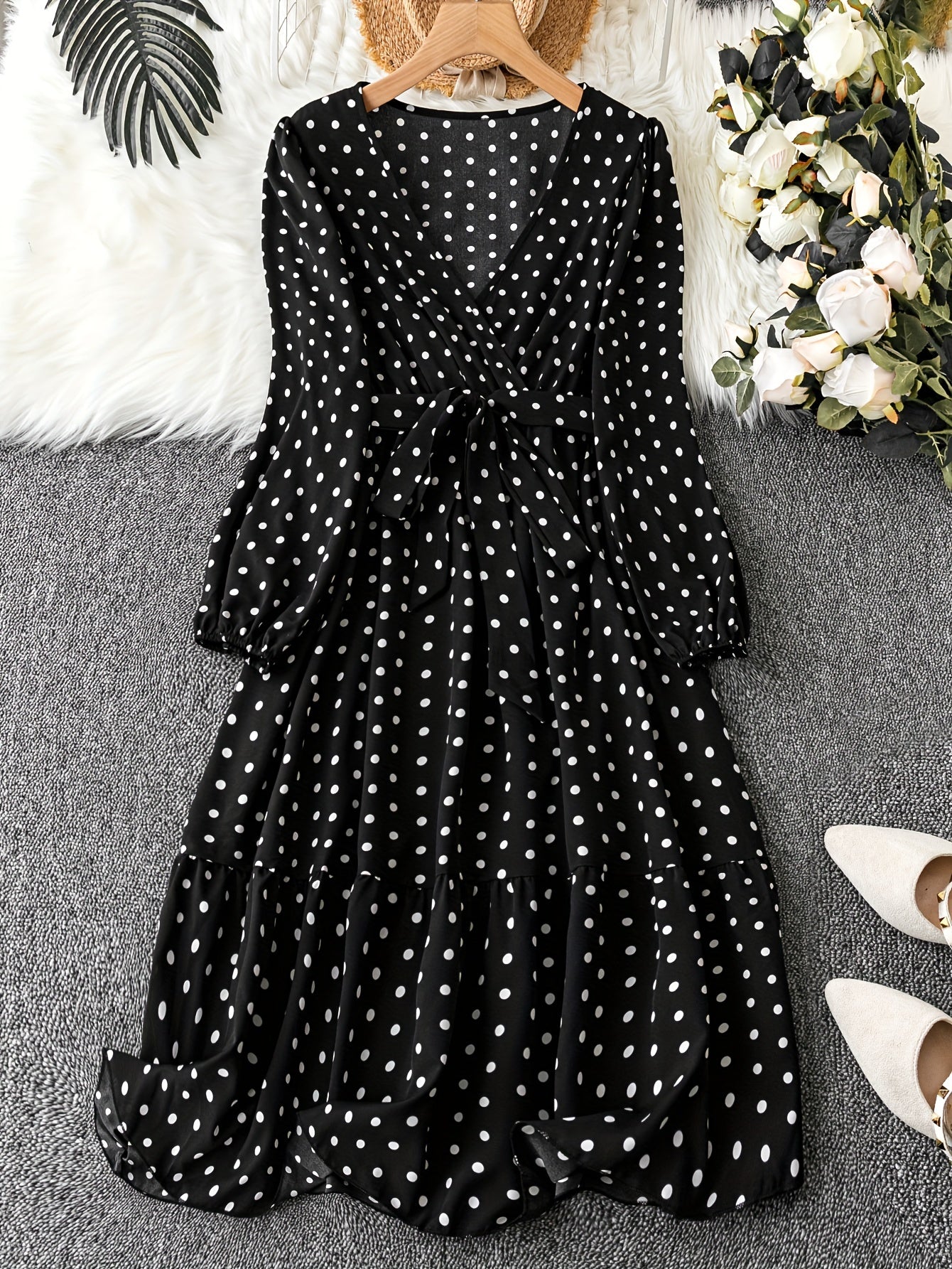  Polka Dot Long Sleeve Dress With Belt