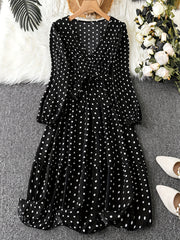  Polka Dot Long Sleeve Dress With Belt