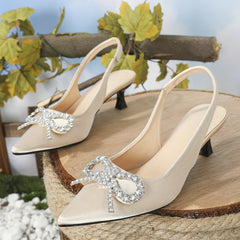 Women's Bowknot Kitten Heels Slingback Shoes Pointed Toe Dress Pumps