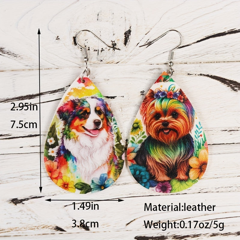 Colorful Flower Print Puppy Earrings PU Leather Jewelry Gift