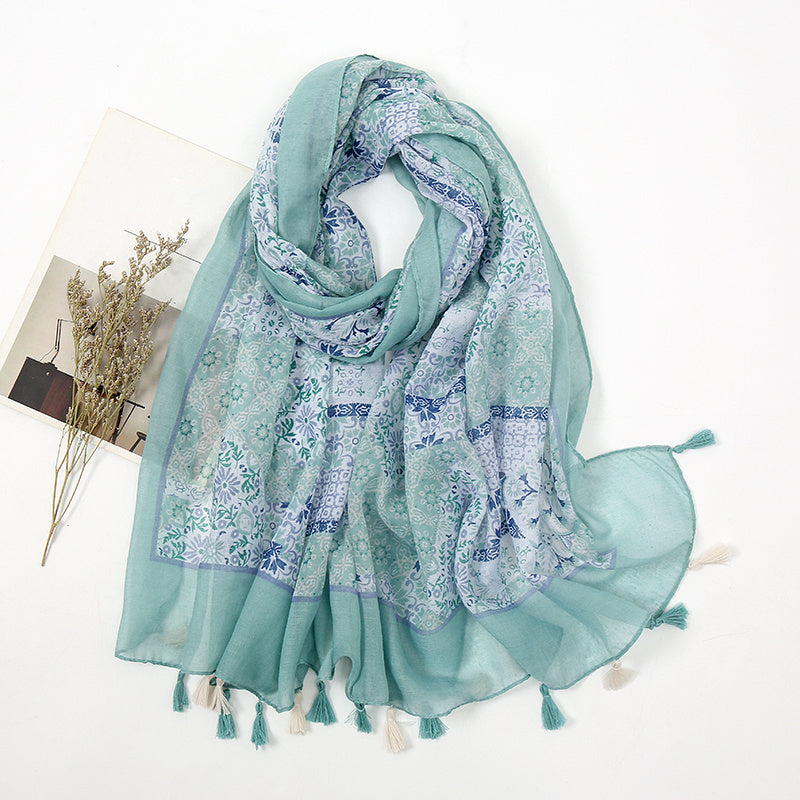 Tassel Scarf Floral Printed Warm Scarf Long Lightweight Scarf