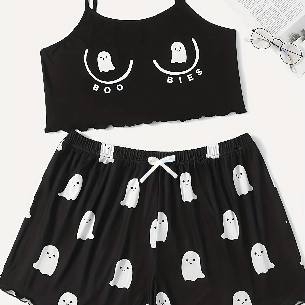 Ghost Print Pajama Set Crew Neck Cami Top & Shorts