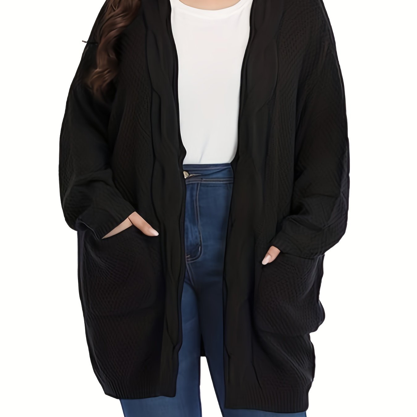 Women's Plus Size Knitted Open Front Cardigan with Pockets