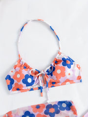 Digital Floral Print Bikini Set with Sheer Wrap Skirt