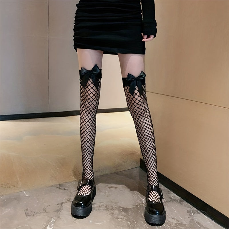 Fishnet Thigh High Stockings Bow Over The Knee Socks