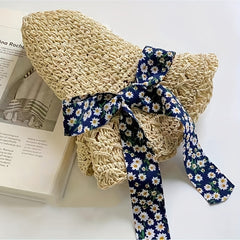 Boho Hollow Out Crochet Straw Sun Hat with Bowknot