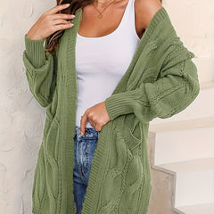  Solid Cable Long Sleeve Open Front Cardigan With Pockets